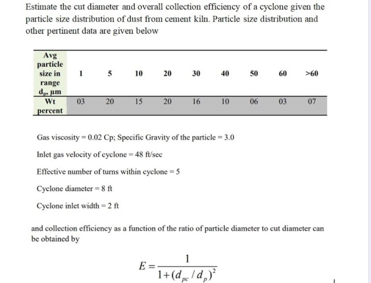 Estimate the cut diameter and overall collection efficiency of a cyclone given the
particle size distribution of dust from cement kiln. Particle size distribution and
other pertinent data are given below
Avg
particle
size in
1
10
20
30
40
50
60
>60
range
dp, um
Wt
03
20
15
20
16
10
06
03
07
_percent
Gas viscosity = 0.02 Cp; Specific Gravity of the particle = 3.0
%3D
Inlet gas velocity of cyclone = 48 ft/sec
Effective number of turns within cyclone = 5
Cyclone diameter = 8 ft
Cyclone inlet width = 2 ft
and collection efficiency as a function of the ratio of particle diameter to cut diameter can
be obtained by
1
E =
1+(d /d,)
pc
