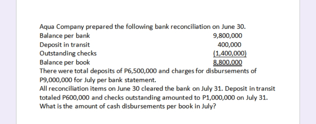 Aqua Company prepared the following bank reconciliation on June 30.
Balance per bank
Deposit in transit
Outstanding checks
Balance per book
There were total deposits of P6,500,000 and charges for disbursements of
P9,000,000 for July per bank statement.
All reconciliation items on June 30 cleared the bank on July 31. Deposit in transit
totaled P600,000 and checks outstanding amounted to P1,000,000 on July 31.
What is the amount of cash disbursements per book in July?
9,800,000
400,000
(1,400,000)
8,800,000
