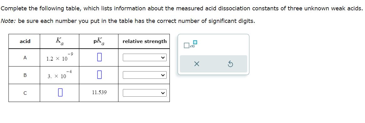 Complete the following table, which lists information about the measured acid dissociation constants of three unknown weak acids.
Note: be sure each number you put in the table has the correct number of significant digits.
acid
K
Κα
PK
relative strength
a
a
☐ x10
A
B
C
1.2 × 10
3. 10
4
☐
11.539
×