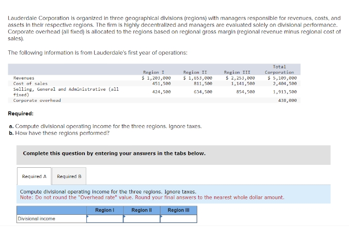 Lauderdale Corporation is organized in three geographical divisions (regions) with managers responsible for revenues, costs, and
assets in their respective regions. The firm is highly decentralized and managers are evaluated solely on divisional performance.
Corporate overhead (all fixed) is allocated to the regions based on regional gross margin (regional revenue minus regional cost of
sales).
The following information is from Lauderdale's first year of operations:
Revenues
Cost of sales
Selling, General and Administrative (all
fixed)
Corporate overhead
Required:
Region I
$ 1,203,000
451,500
Region II
$ 1,653,000
811,500
Region III
Total
Corporation
424,500
634,500
$ 2,253,000
1,141,500
854,500
$ 5,109,000
2,404,500
1,913,500
a. Compute divisional operating income for the three regions. Ignore taxes.
b. How have these regions performed?
Complete this question by entering your answers in the tabs below.
438,000
Required A Required B
Compute divisional operating income for the three regions. Ignore taxes.
Note: Do not round the "Overhead rate" value. Round your final answers to the nearest whole dollar amount.
Divisional income
Region I
Region II
Region III