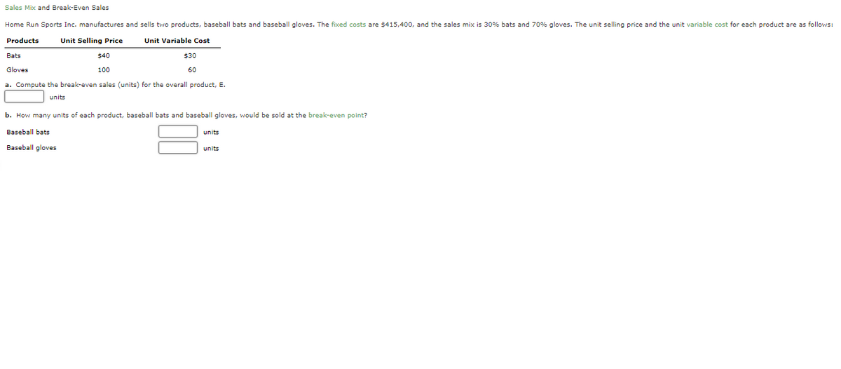 Sales Mix and Break-Even Sales
Home Run Sports Inc. manufactures and sells two products, baseball bats and baseball gloves. The fixxed costs are $415,400, and the sales mix is 30% bats and 70% gloves. The unit selling price and the unit variable cost for each product are as follows:
Products
Unit Selling Price
Unit Variable Cost
Bats
$40
$30
Gloves
100
60
a. Compute the break-even sales (units) for the overall product, E.
units
b. How many units of each product, baseball bats and baseball gloves, would be sold at the break-even point?
Baseball bats
units
Baseball gloves
units
