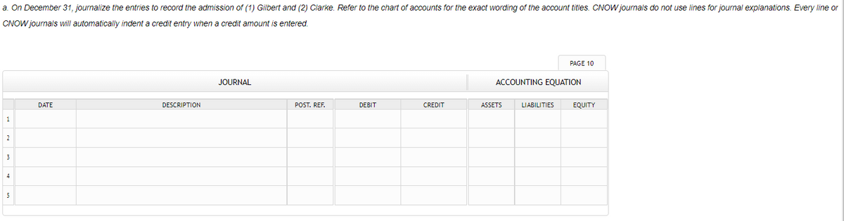 a. On December 31, journalize the entries to record the admission of (1) Gilbert and (2) Clarke. Refer to the chart of accounts for the exact wording of the account titles. CNOW journals do not use lines for journal explanations. Every line or
CNOW journals will automatically indent a credit entry when
credit amount is entered.
PAGE 10
JOURNAL
ACCOUNTING EQUATION
DATE
DESCRIPTION
POST. REF.
DEBIT
CREDIT
ASSETS
LIABILITIES
EQUITY
1
2
5
