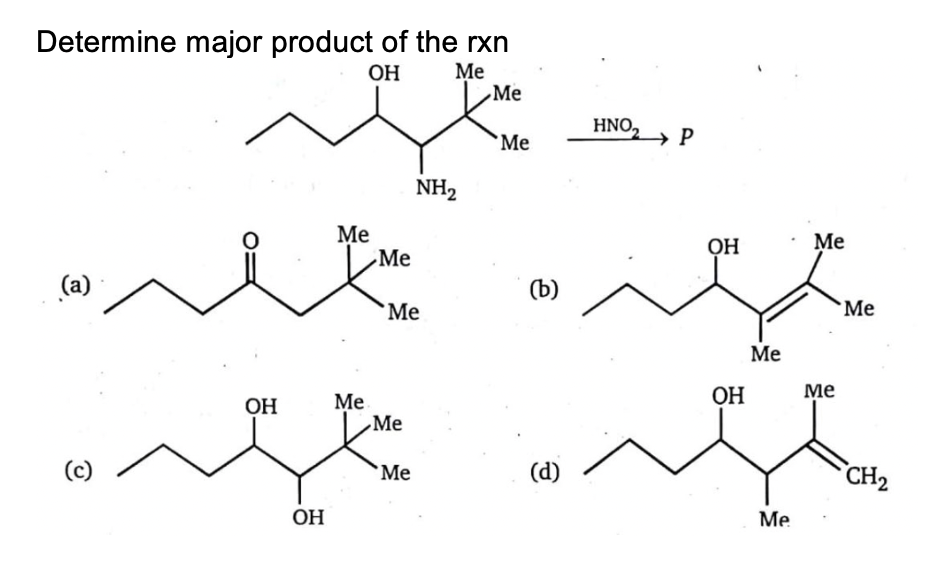 Determine major product of the rxn
Me
Me
OH
HNO,» P
`Me
NH2
Me
Me
OH
Ме
(а)
(b)
Me
Me
Me
ОН
Ме
Me
Me
ОН
(с)
(d)
CH2
`Me
OH
Me
