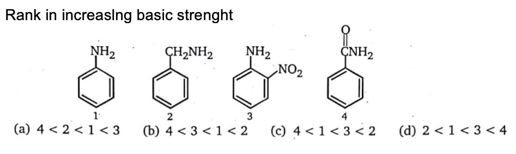 Rank in increaslng basic strenght
NH2
CNH2
NH2
„NO2
ÇH2NH2
1.
4
(a) 4 < 2 < 1 < 3
(b) 4 < 3 < 1 < 2
(c) 4 < 1 < 3 < 2
(d) 2 < 1 < 3 < 4
