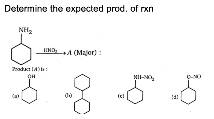 Determine the expected prod. of rxn
NH2
HNO, »A (Major) :
Product (A) is :
O-NO
OH
NH-NO2
(a)
(b)
(d)
