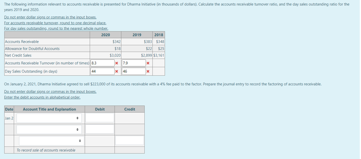 The following information relevant to accounts receivable is presented for Dharma Initiative (in thousands of dollars). Calculate the accounts receivable turnover ratio, and the day sales outstanding ratio for the
years 2019 and 2020.
Do not enter dollar signs or commas in the input boxes.
For accounts receivable turnover, round to one decimal place.
For day sales outstanding, round to the nearest whole number.
2020
Accounts Receivable
Allowance for Doubtful Accounts
Net Credit Sales
Accounts Receivable Turnover (in number of times) 8.3
Day Sales Outstanding (in days)
44
Date Account Title and Explanation
Jan 2
To record sale of accounts receivable
◆
◆
$342
$18
$3,020
On January 2, 2021, Dharma Initiative agreed to sell $223,000 of its accounts receivable with a 4% fee paid to the factor. Prepare the journal entry to record the factoring of accounts receivable.
Do not enter dollar signs or commas in the input boxes.
Enter the debit accounts in alphabetical order.
Debit
x 7.9
x 46
2019
2018
$383 $348
$22 $25
$2,899 $3,161
Credit
X
x