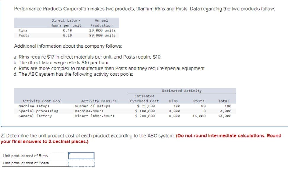 Performance Products Corporation makes two products, titanlum Rims and Posts. Data regarding the two products follow:
Rims
Posts
Direct Labor-
Hours per unit
0.48
8.20
20,000 units
80,000 units
Additional Information about the company follows:
a. Rims require $17 in direct materials per unit, and Posts require $10.
b. The direct labor wage rate is $16 per hour.
c. Rims are more complex to manufacture than Posts and they require special equipment.
d. The ABC system has the following activity cost pools:
Activity Cost Pool
Machine setups
Special processing
General factory
Annual
Production
Unit product cost of Rims
Unit product cost of Posts
Activity Measure
Number of setups.
Machine-hours
Direct labor-hours
Estimated
Overhead Cost
$ 21,600
$ 180,000
$ 288,000
Estimated Activity
Rims
100
4,000
8,000
Posts
80
0
16,000
Total
180
4,000
24,000
2. Determine the unit product cost of each product according to the ABC system. (Do not round Intermediate calculations. Round
your final answers to 2 decimal places.)