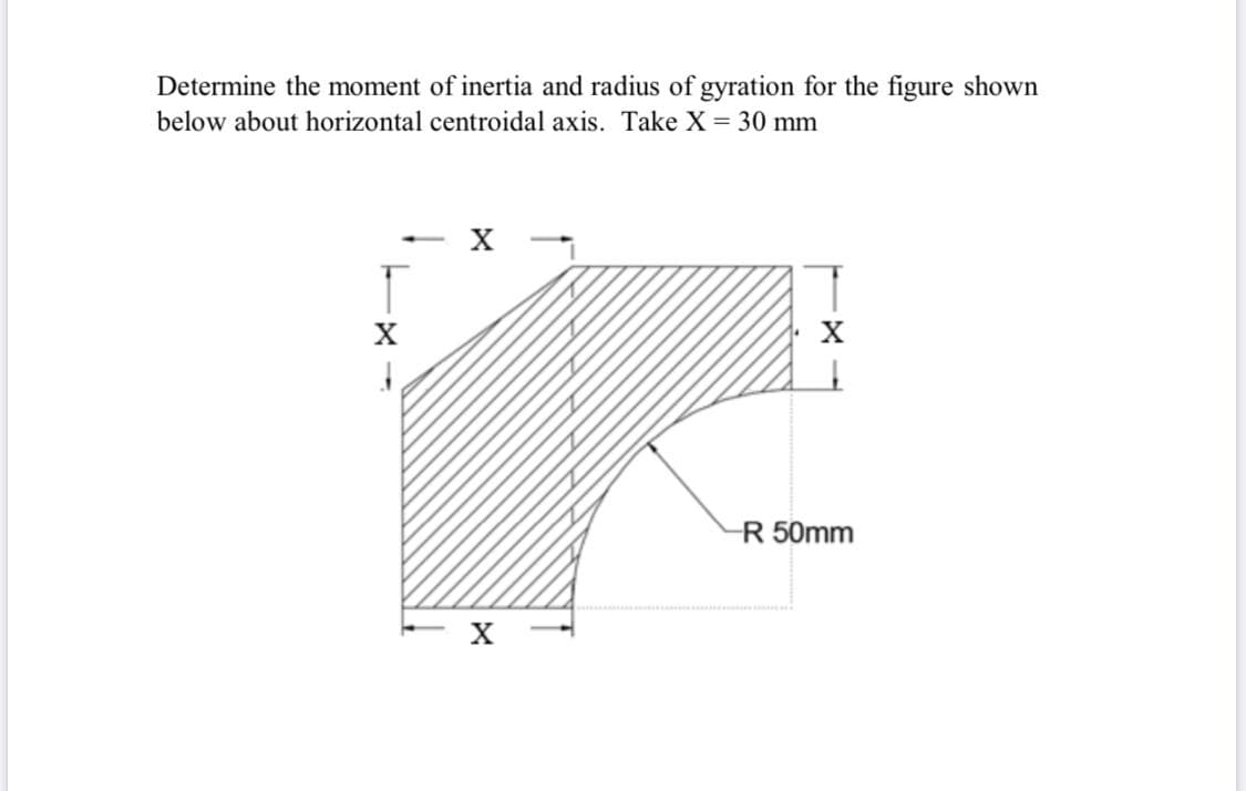 Determine the moment of inertia and radius of gyration for the figure shown
below about horizontal centroidal axis. Take X = 30 mm
%3D
X
X
R 50mm
