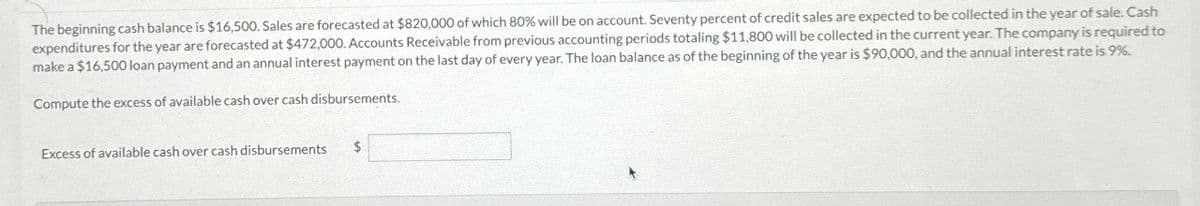 The beginning cash balance is $16,500. Sales are forecasted at $820,000 of which 80% will be on account. Seventy percent of credit sales are expected to be collected in the year of sale. Cash
expenditures for the year are forecasted at $472,000. Accounts Receivable from previous accounting periods totaling $11,800 will be collected in the current year. The company is required to
make a $16,500 loan payment and an annual interest payment on the last day of every year. The loan balance as of the beginning of the year is $90,000, and the annual interest rate is 9%.
Compute the excess of available cash over cash disbursements.
Excess of available cash over cash disbursements
$