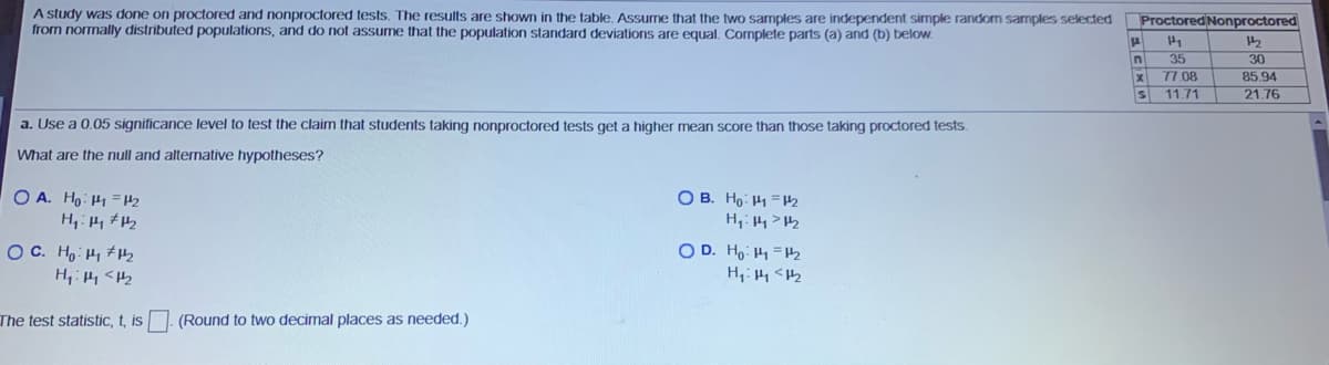 A study was done on proctored and nonproctored tests. The results are shown in the table, Assume that the two samples are independent simple random samples selected
from normally distributed populations, and do not assume that the population standard deviations are equal. Complete parts (a) and (b) below.
Proctored Nonproctored
35
77.08
S 11.71
30
85.94
21.76
a. Use a 0.05 significance level to test the claim that students taking nonproctored tests get a higher mean score than those taking proctored tests.
What are the null and alternative hypotheses?
O A. Ho H=H2
O B. Ho: H1 =2
OC. Ho: H, #2
O D. Ho: H1 =H2
The test statistic, t, is . (Round to two decimal places as needed.)
