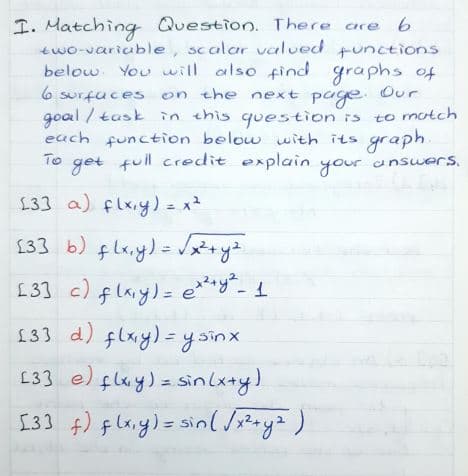 I. Matching Question. There are
two-variuble, scalar valued punctions
below You will also find graphs of
6 surfuces on the next page. Our
goal / task in this question is
to motch
each function below with its graph
TO
get fuil credit explain
your
unswers,
£33 a) flxiy) = x2
133 b) f lx.y) = J+yz
133 c) f lay)= e***- 1
£33 d) flxy)=ysinx
L33 e) flay) = sinlxay)
[33 f) f lxiy)= sinl Jizaya)
