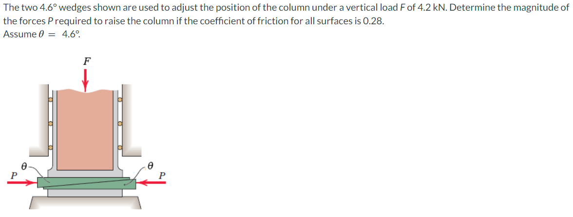 The two 4.6° wedges shown are used to adjust the position of the column under a vertical load F of 4.2 kN. Determine the magnitude of
the forces P required to raise the column if the coefficient of friction for all surfaces is 0.28.
Assume 0 = 4.6°
P
F
Ө