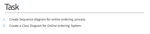 Task
1.
Create Sequence diagram for online ordering process.
2.
Create a Class Diagram for Online ordering System.
