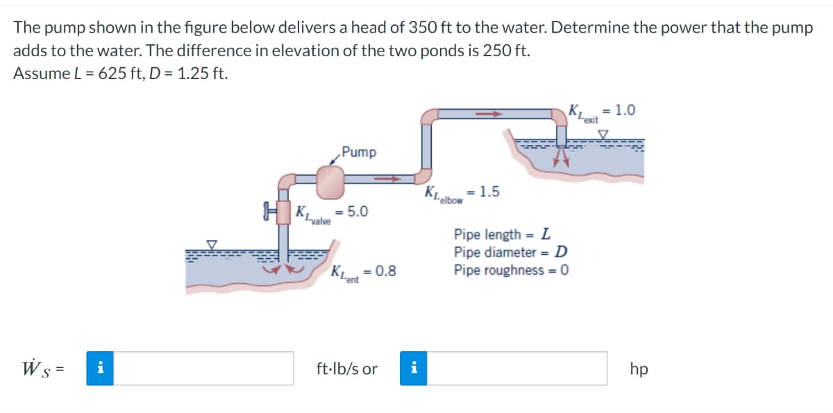 The pump shown in the figure below delivers a head of 350 ft to the water. Determine the power that the pump
adds to the water. The difference in elevation of the two ponds is 250 ft.
Assume L= 625 ft, D = 1.25 ft.
Ws=
i
Pump
K₁
elbow
= 1.5
K = 1.0
Lexit
HKL = 5.0
valve
Kent
= 0.8
Pipe length = L
Pipe diameter = D
Pipe roughness = 0
ft-lb/s or
i
hp
