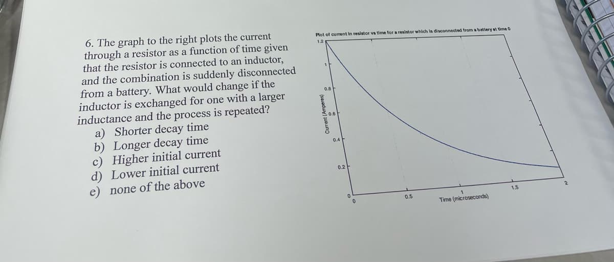 6. The graph to the right plots the current
through a resistor as a function of time given
that the resistor is connected to an inductor,
and the combination is suddenly disconnected
from a battery. What would change if the
inductor is exchanged for one with a larger
inductance and the process is repeated?
a) Shorter decay time
b) Longer decay time
c) Higher initial current
d) Lower initial current
none of the above
Plot of current in resistor vs time for a resistor which is disconnected from a battery at time 0
0.8
0.4
0.2
0
0.5
Time (microseconds)
1.5