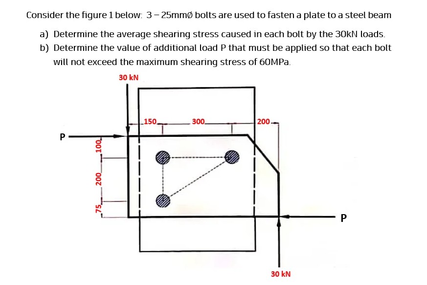 Consider the figure 1 below: 3-25mmø bolts are used to fasten a plate to a steel beam
a) Determine the average shearing stress caused in each bolt by the 30kN loads.
b) Determine the value of additional load P that must be applied so that each bolt
will not exceed the maximum shearing stress of 6OMPA.
30 kN
150
300
200
P
30 kN
75
Foot
