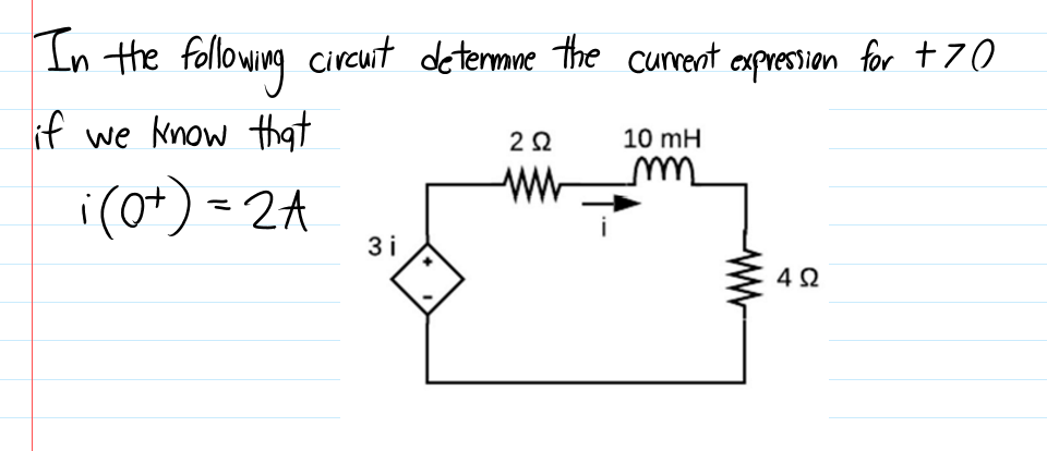 In the following circuit determne the current exprestion for +70
if we know that
10 mH
i(o+) = 2A
3 i
