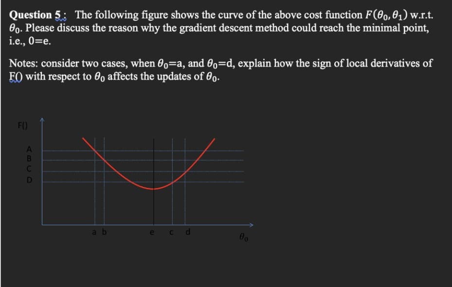 Question 5: The following figure shows the curve of the above cost function F(00,01) w.r.t.
0o. Please discuss the reason why the gradient descent method could reach the minimal point,
i.e., 0=e.
Notes: consider two cases, when 0o=a, and 00=d, explain how the sign of local derivatives of
FO with respect to 0o affects the updates of 0o.
F()
ab
e cd
ABCD
