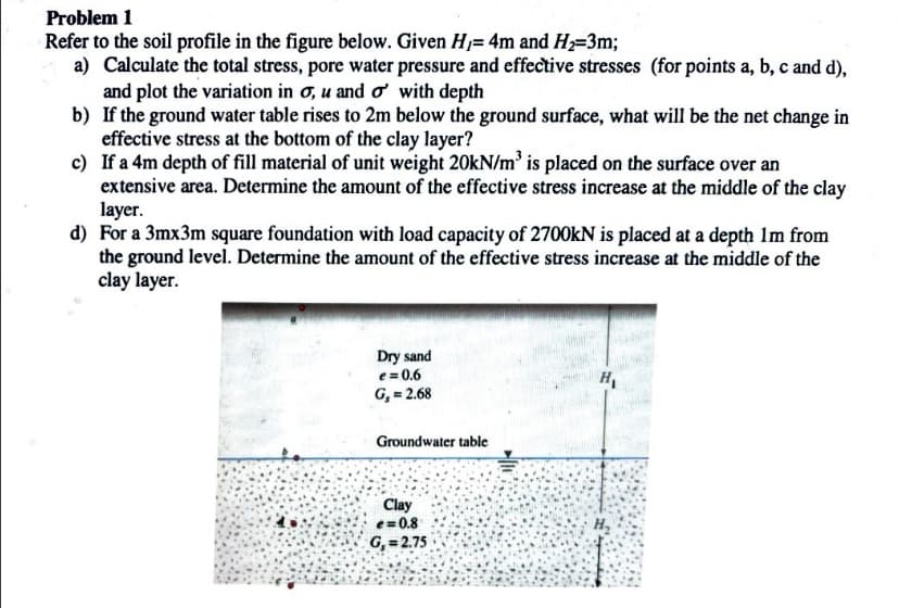 Problem 1
Refer to the soil profile in the figure below. Given H₁= 4m and H₂=3m;
a) Calculate the total stress, pore water pressure and effective stresses (for points a, b, c and d),
and plot the variation in o, u and o with depth
b) If the ground water table rises to 2m below the ground surface, what will be the net change in
effective stress at the bottom of the clay layer?
c) If a 4m depth of fill material of unit weight 20kN/m³ is placed on the surface over an
extensive area. Determine the amount of the effective stress increase at the middle of the clay
layer.
d) For a 3mx3m square foundation with load capacity of 2700kN is placed at a depth 1m from
the ground level. Determine the amount of the effective stress increase at the middle of the
clay layer.
KAR
Dry sand
e=0.6
G₁ = 2.68
Groundwater table
Clay
e=0.8
G₁=2.75
H₁