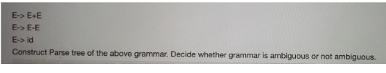 E-> E+E
E-> E-E
E-> id
Construct Parse tree of the above grammar. Decide whether grammar is ambiguous or not ambiguous.