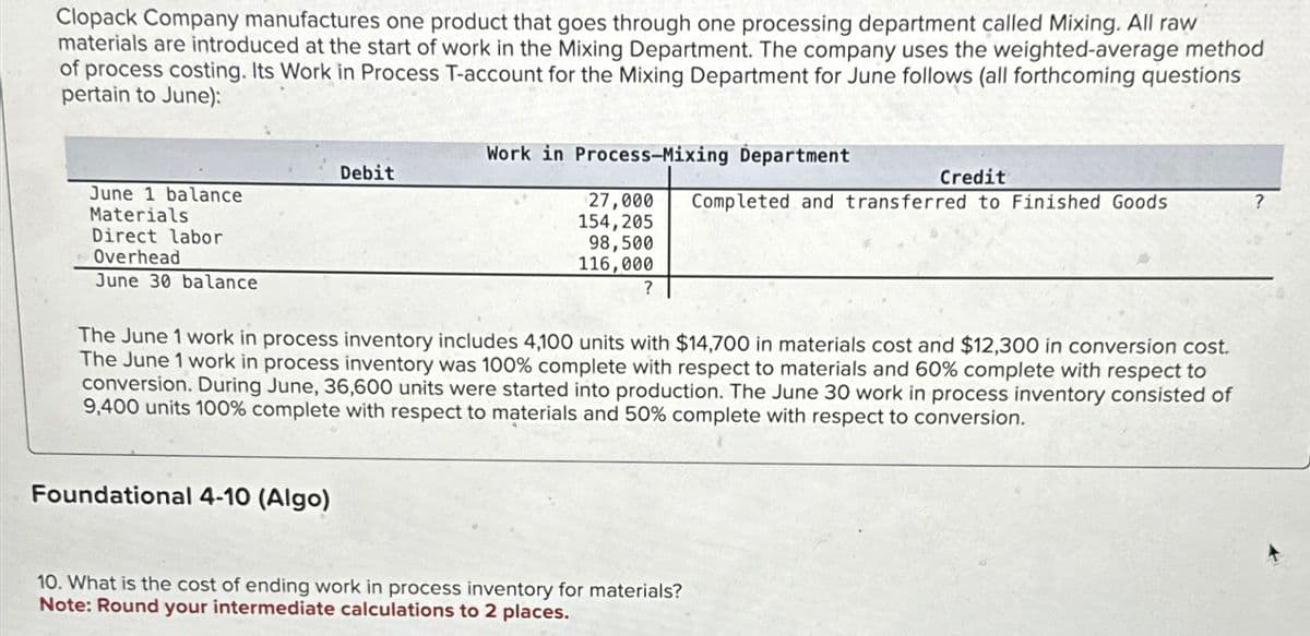 Clopack Company manufactures one product that goes through one processing department called Mixing. All raw
materials are introduced at the start of work in the Mixing Department. The company uses the weighted-average method
of process costing. Its Work in Process T-account for the Mixing Department for June follows (all forthcoming questions
pertain to June):
June 1 balance
Materials
Direct labor
Overhead
June 30 balance
Debit
Foundational 4-10 (Algo)
Work in Process-Mixing Department
27,000
154,205
98,500
116,000
?
The June 1 work in process inventory includes 4,100 units with $14,700 in materials cost and $12,300 in conversion cost.
The June 1 work in process inventory was 100% complete with respect to materials and 60% complete with respect to
conversion. During June, 36,600 units were started into production. The June 30 work in process inventory consisted of
9,400 units 100% complete with respect to materials and 50% complete with respect to conversion.
Credit
Completed and transferred to Finished Goods
10. What is the cost of ending work in process inventory for materials?
Note: Round your intermediate calculations to 2 places.
?