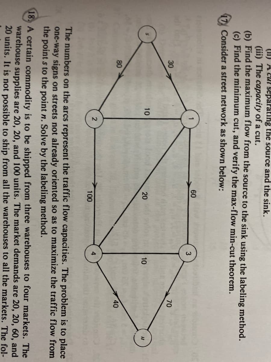 A Cui separating the source and the sink.
(iii) The capacity of a cut.
(b) Find the maximum flow from the source to the sink using the labeling method.
(c) Find the minimum cut, and verify the max-flow min-cut theorem.
Consider a street network as shown below:
60
30
70
10
20
10
80
40
100
The numbers on the arcs represent the traffic flow capacities. The problem is to place
one-way signs on streets not already oriented so as to maximize the traffic flow from
the point s to the point n. Solve by the labeling method.
18. A certain commodity is to be shipped from three warehouses to four markets. The
warehouse supplies are 20, 20, and 100 units. The market demands are 20, 20, 60, and
20 units. It is not possible to ship from all the warehouses to all the markets. The fol-
