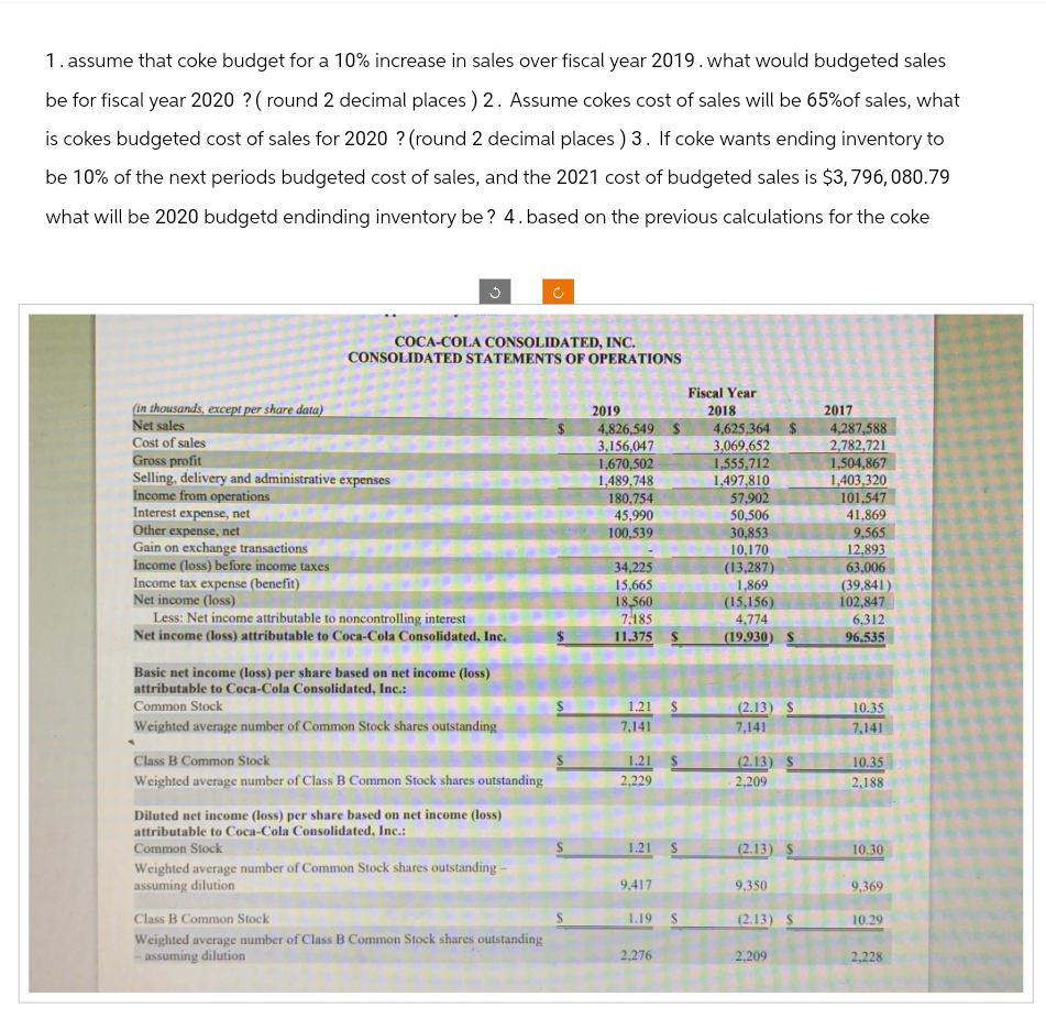 1. assume that coke budget for a 10% increase in sales over fiscal year 2019. what would budgeted sales
be for fiscal year 2020 ?(round 2 decimal places ) 2. Assume cokes cost of sales will be 65%of sales, what
is cokes budgeted cost of sales for 2020 ? (round 2 decimal places) 3. If coke wants ending inventory to
be 10% of the next periods budgeted cost of sales, and the 2021 cost of budgeted sales is $3,796, 080.79
what will be 2020 budgetd endinding inventory be? 4. based on the previous calculations for the coke
(in thousands, except per share data)
Net sales
Cost of sales
Gross profit
Selling, delivery and administrative expenses
Income from operations
Interest expense, net
Other expense, net
Gain on exchange transactions
Income (loss) before income taxes
Income tax expense (benefit)
Net income (loss)
3
COCA-COLA CONSOLIDATED, INC.
CONSOLIDATED STATEMENTS OF OPERATIONS
Less: Net income attributable to noncontrolling interest
Net income (loss) attributable to Coca-Cola Consolidated, Inc.
Basic net income (loss) per share based on net income (loss)
attributable to Coca-Cola Consolidated, Inc.:
Common Stock
Weighted average number of Common Stock shares outstanding
Class B Common Stock
Weighted average number of Class B Common Stock shares outstanding
Diluted net income (loss) per share based on net income (loss)
attributable to Coca-Cola Consolidated, Inc.:
Common Stock
Weighted average number of Common Stock shares outstanding -
assuming dilution
Class B Common Stock
Weighted average number of Class B Common Stock shares outstanding
- assuming dilution
$
S
2019
4,826,549 $
3,156,047
1,670,502
1,489,748
180,754
45,990
100,539
34,225
15,665
18,560
7,185
11.375 S
1.21
7,141
1.21
2,229
1.21
9,417
1.19
2,276
S
S
Fiscal Year
2018
4,625,364 $
3,069,652
1,555,712
1,497,810
57,902
50,506
30,853
10,170
(13,287)
1,869
(15,156)
4,774
(19.930) S
(2.13) S
7,141
(2.13) S
2,209
(2.13) S
9,350
(2.13) S
2,209
2017
4,287,588
2,782,721
1,504,867
1,403,320
101,547
41,869
9,565
12,893
63,006
(39,841)
102,847
6,312
96,535
10.35
7,141
10.35
2,188
10.30
9,369
10.29
2,228