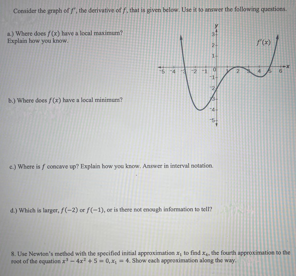 Consider the graph of f', the derivative of f, that is given below. Use it to answer the following questions.
a.) Where does f(x) have a local maximum?
Explain how you know.
b.) Where does f(x) have a local minimum?
-5-
c.) Where is f concave up? Explain how you know. Answer in interval notation.
d.) Which is larger, f(-2) or f(-1), or is there not enough information to tell?
8. Use Newton's method with the specified initial approximation x₁ to find x4, the fourth approximation to the
root of the equation x³ - 4x² + 5 = 0, x₁ = 4. Show each approximation along the way.
جتنا
-5 -4 -3 -2 -1
2+
1
0
-1+
2
-4+
2
f'(x)
+X
4 5 6