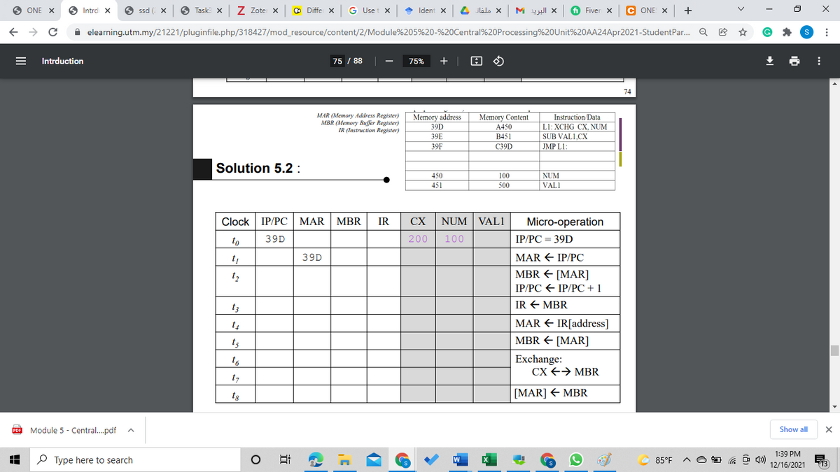 ONE X
Intrd X
O ssd ( X
O Task: X
Z Zote x
O Diffe x
G Uset x
• Ident X
ملفات
البريد M
i Fiver X
C ONE X
+
A elearning.utm.my/21221/pluginfile.php/318427/mod_resource/content/2/Module%205%20-%20Central%20Processing%20Unit%20AA24Apr2021-StudentPar. Q
Intrduction
75 / 88
75%
+ |
74
Memory address
MAR (Memory Address Register)
MBR (Memory Buffer Register)
IR (Instruction Register)
Memory Content
Instruction/Data
39D
A450
L1: XCHG CX, NUM
39E
B451
SUB VAL1,CX
39F
C39D
JMP L1:
Solution 5.2 :
450
100
NUM
451
500
VALI
Clock IP/PC
MAR | MBR
IR
CX
NUM
VAL1
Micro-operation
to
39D
200
100
IP/PC = 39D
t1
39D
MAR E IP/PC
MBR + [MAR]
IP/PC € IP/PС + 1
t2
t3
IR E MBR
t4
MAR + IR[address]
t5
MBR + [MAR]
Exchange:
CX +→ MBR
to
t7
ts
[MAR] + MBR
Module 5 - Central.pdf
Show all
1:39 PM
P Type here to search
85°F
12/16/2021
近
