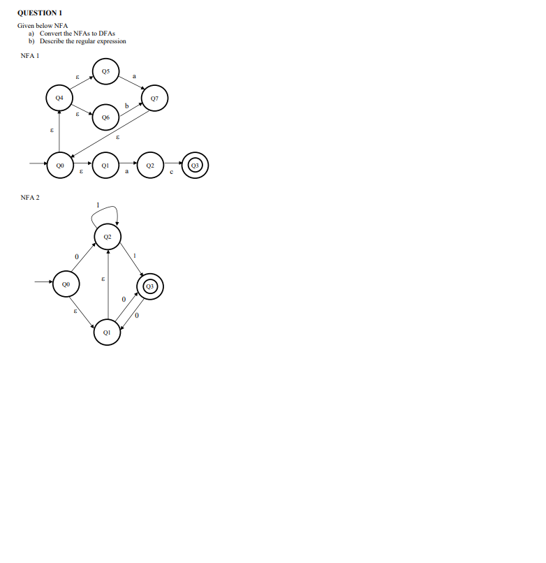 QUESTION 1
Given below NFA
a) Convert the NFAs to DFAs
b) Describe the regular expression
NFA 1
NFA 2
8
0
Q5
Q1
QI
b
a
0
Q7
Q2