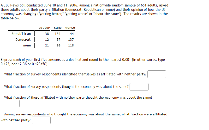 A CBS News poll conducted June 10 and 11, 2006, among a nationwide random sample of 651 adults, asked
those adults about their party affiliation (Democrat, Republican or none) and their opinion of how the US
economy was changing ("getting better," "getting worse" or "about the same"). The results are shown in the
table below.
Republican
Democrat
none
better same worse
38
104
44
12 87
137
21
90
118
Express each of your first five answers as a decimal and round to the nearest 0.001 (in other words, type
0.123, not 12.3% or 0.123456).
What fraction of survey respondents identified themselves as affiliated with neither party?
What fraction of survey respondents thought the economy was about the same?
What fraction of those affiliated with neither party thought the economy was about the same?
Among survey respondents who thought the economy was about the same, what fraction were affiliated
with neither party?