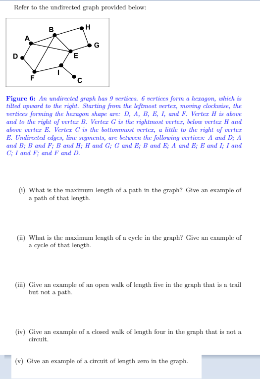 (i) What is the maximum length of a path in the graph? Give an example of
a path of that length.
(ii) What is the maximum length of a cycle in the graph? Give an example of
a cycle of that length.
(iii) Give an example of an open walk of length five in the graph that is a trail
but not a path.
