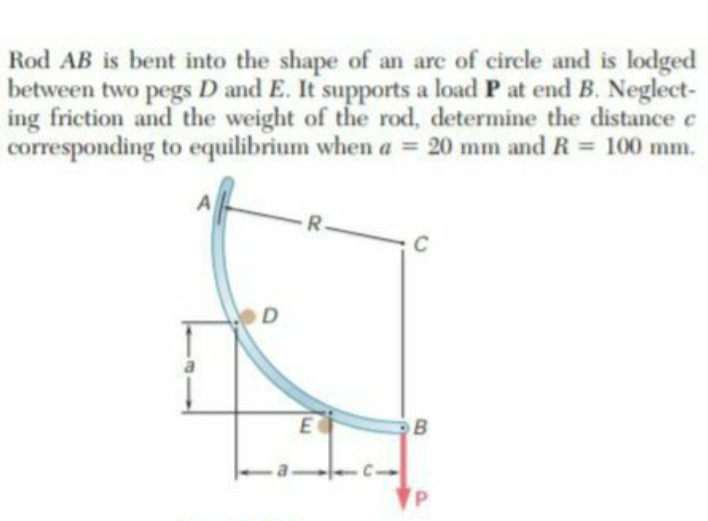 Rod AB is bent into the shape of an are of circle and is lodged
between two pegs D and E. It supports a load P at end B. Neglect-
ing friction and the weight of the rod, determine the distance c
corresponding to equilibrium when a = 20 mm and R= 100 mm.
C
E
