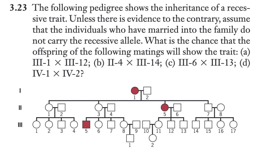 3.23 The following pedigree shows the inheritance of a reces-
sive trait. Unless there is evidence to the contrary, assume
that the individuals who have married into the family do
not carry the recessive allele. What is the chance that the
offspring of the following matings will show the trait: (a)
III-1 × III-12; (b) II-4 × III-14; (c) III-6 × III-13; (d)
IV-1 X IV-2?
I
||
III
2
2
3
4
LO
5
3
6
7
8
1
1 2
9 10
2
5 6
7 8
11 12 13 14 15 16
17