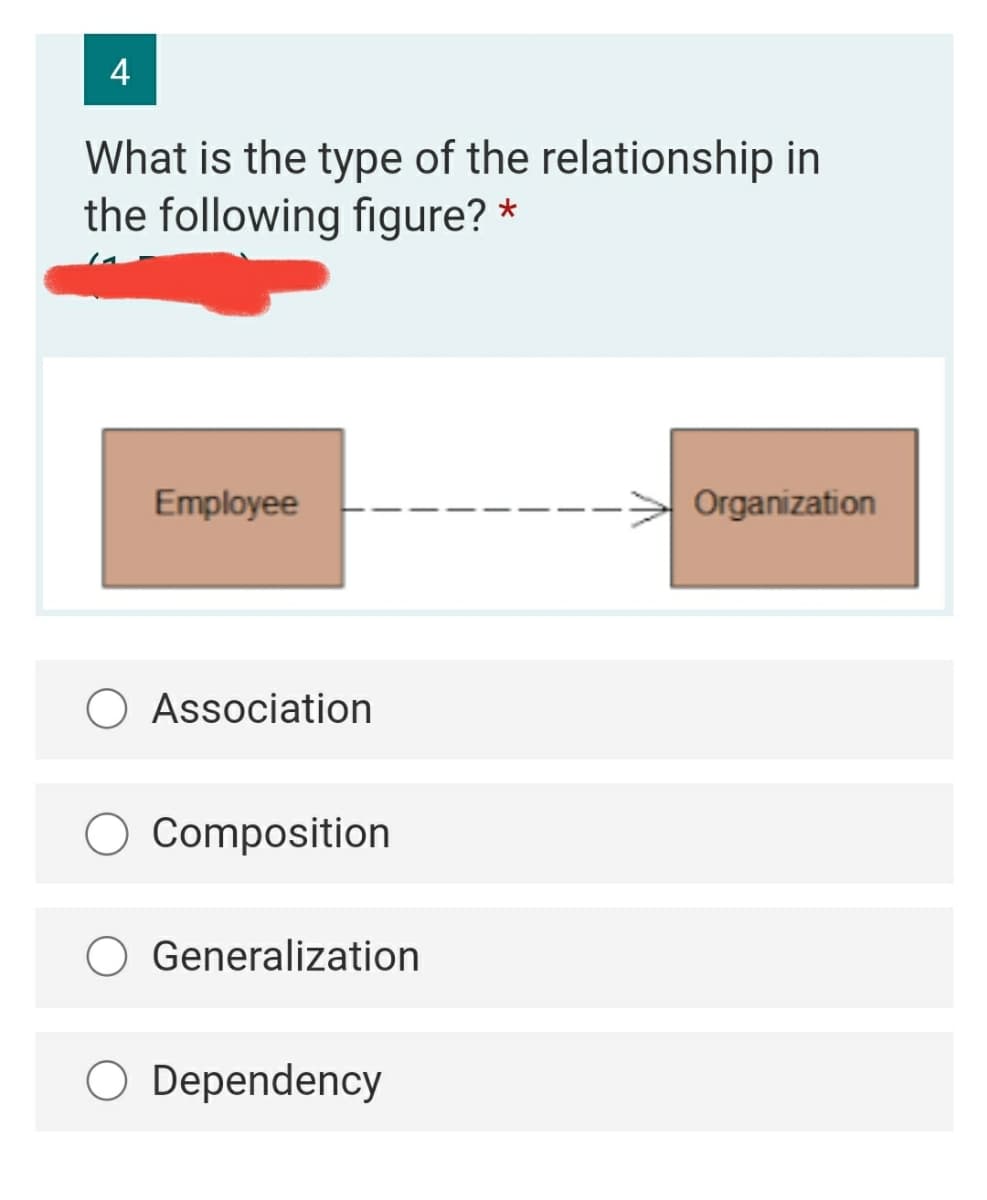 4
What is the type of the relationship in
the following figure? *
Employee
Organization
Association
Composition
O Generalization
Dependency
