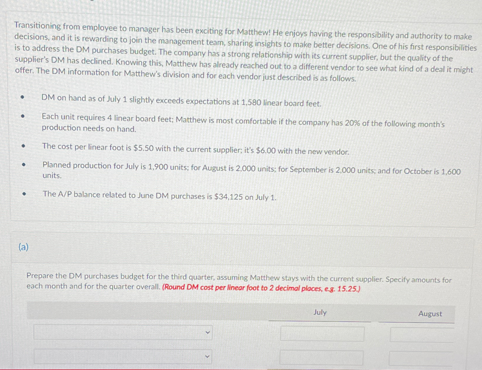 Transitioning from employee to manager has been exciting for Matthew! He enjoys having the responsibility and authority to make
decisions, and it is rewarding to join the management team, sharing insights to make better decisions. One of his first responsibilities
is to address the DM purchases budget. The company has a strong relationship with its current supplier, but the quality of the
supplier's DM has declined. Knowing this, Matthew has already reached out to a different vendor to see what kind of a deal it might
offer. The DM information for Matthew's division and for each vendor just described is as follows.
●
●
●
●
●
(a)
DM on hand as of July 1 slightly exceeds expectations at 1,580 linear board feet.
Each unit requires 4 linear board feet; Matthew is most comfortable if the company has 20% of the following month's
production needs on hand.
The cost per linear foot is $5.50 with the current supplier; it's $6.00 with the new vendor.
Planned production for July is 1,900 units; for August is 2,000 units; for September is 2,000 units; and for October is 1,600
units.
The A/P balance related to June DM purchases is $34,125 on July 1.
Prepare the DM purchases budget for the third quarter, assuming Matthew stays with the current supplier. Specify amounts for
each month and for the quarter overall. (Round DM cost per linear foot to 2 decimal places, e.g. 15.25.)
July
August