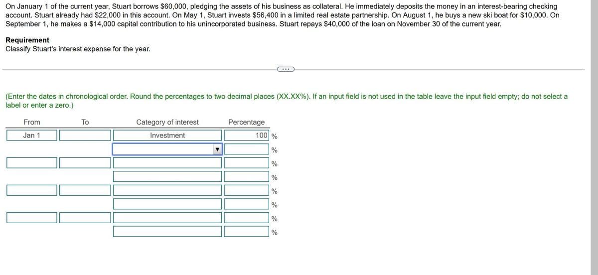 On January 1 of the current year, Stuart borrows $60,000, pledging the assets of his business as collateral. He immediately deposits the money in an interest-bearing checking
account. Stuart already had $22,000 in this account. On May 1, Stuart invests $56,400 in a limited real estate partnership. On August 1, he buys a new ski boat for $10,000. On
September 1, he makes a $14,000 capital contribution to his unincorporated business. Stuart repays $40,000 of the loan on November 30 of the current year.
Requirement
Classify Stuart's interest expense for the year.
(Enter the dates in chronological order. Round the percentages to two decimal places (XX.XX%). If an input field is not used in the table leave the input field empty; do not select a
label or enter a zero.)
From
Jan 1
To
Category of interest
Investment
Percentage
100 %
%
%
%
%
%
%
%