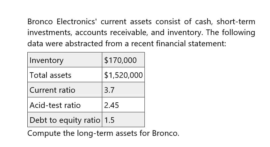 Bronco Electronics' current assets consist of cash, short-term
investments, accounts receivable, and inventory. The following
data were abstracted from a recent financial statement:
Inventory
Total assets
$170,000
$1,520,000
Current ratio
3.7
Acid-test ratio
2.45
Debt to equity ratio 1.5
Compute the long-term assets for Bronco.