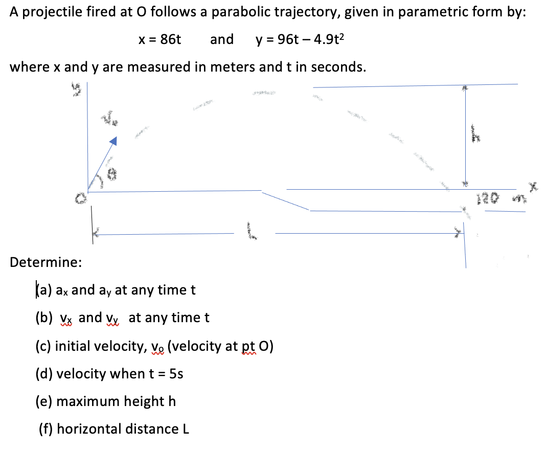 A projectile fired at O follows a parabolic trajectory, given in parametric form by:
X = 86t
and
y = 96t – 4.9t2
%3D
where x and y are measured in meters and t in seconds.
120
Determine:
(a) ax and ay at any time t
(b) Vx and vy, at any time t
(c) initial velocity, Ve (velocity at pt 0)
(d) velocity when t = 5s
(e) maximum height h
(f) horizontal distance L
