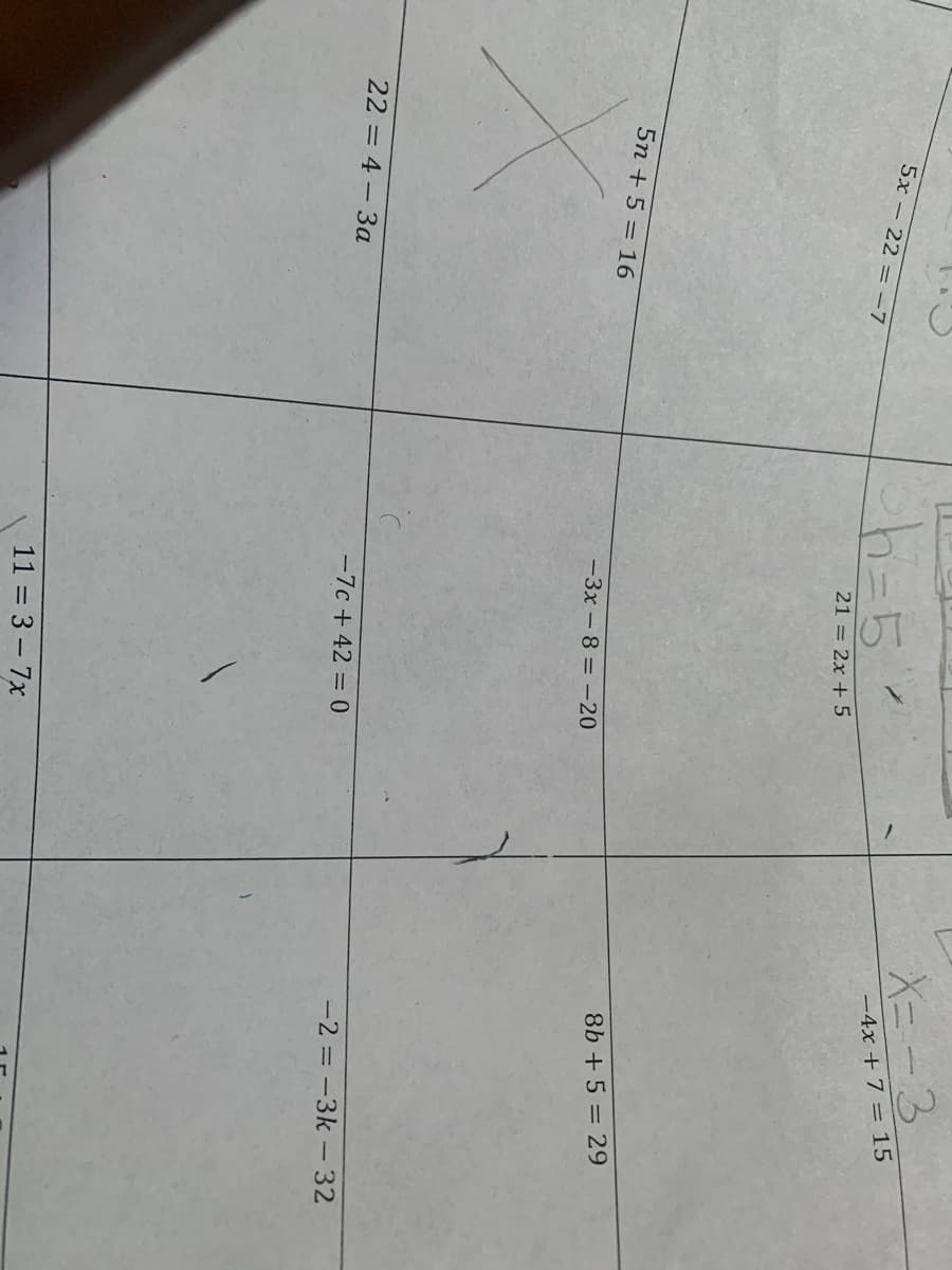 X= -3
5x - 22 = -7
-4x + 7 = 15
21 = 2x + 5
5n + 5 = 16
8b +5 = 29
-3x - 8 = –20
22 = 4 - 3a
-7c + 42 = 0
-2 = -3k – 32
11 = 3 – 7x
