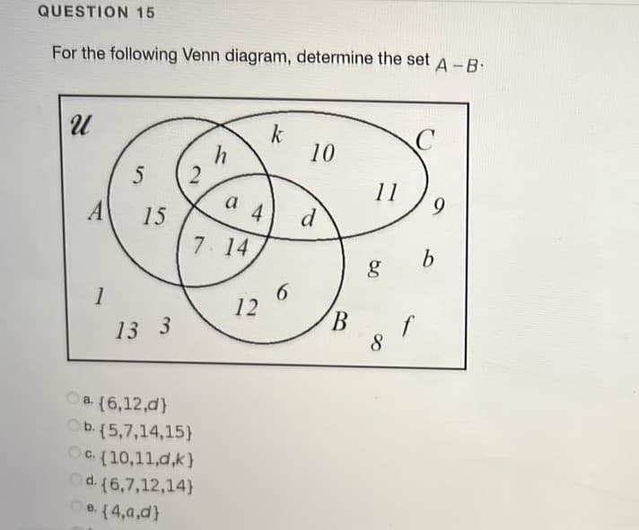 QUESTION 15
For the following Venn diagram, determine the set A-B:
k
10
h
a 4
11
9.
A
15
d
7 14
6.
12
1
B.
8.
13 3
a.
(6,12,d)
b. (5,7,14,15}
OC. (10,11,d,k}
Od. (6,7,12,14}
e. (4,a,d}
