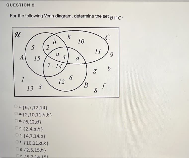 QUESTION 2
For the following Venn diagram, determine the set BOc.
k
h
10
5
a 4
1 4
11
6.
A
15
d
7.14
b
1
12
13 3
B.
f
8
Oa (6,7,12,14}
Ob. (2,10,11,h,k}
Oc. (6,12,d}
Od. (2,4,a,h}
Oe. (4,7,14,a}
Ot. (10,11,d,k}
Og. (2,5,15,h}
Oh. 15714 151
