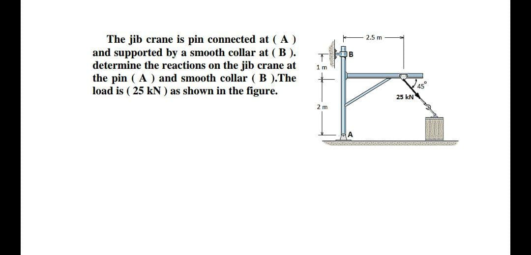 The jib crane is pin connected at ( A )
and supported by a smooth collar at ( B ).
determine the reactions on the jib crane at
the pin ( A ) and smooth collar ( B ).The
load is ( 25 kN ) as shown in the figure.
2.5 m
1m
45
25 kN
2 m
