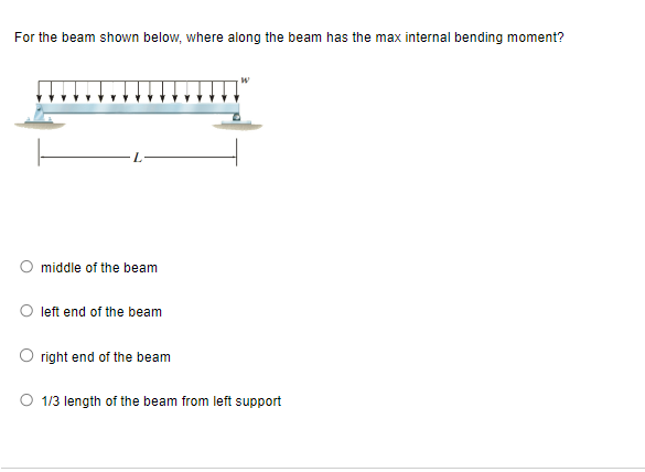 For the beam shown below, where along the beam has the max internal bending moment?
L
middle of the beam
left end of the beam
right end of the beam
1/3 length of the beam from left support