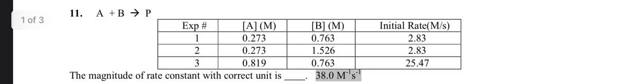 11. AB → P
1 of 3
Exp #
[A] (M)
[B] (M)
Initial Rate(M/s)
1
0.273
0.763
2.83
2
0.273
1.526
2.83
3
0.819
0.763
25.47
-1]
The magnitude of rate constant with correct unit is
38.0 M s