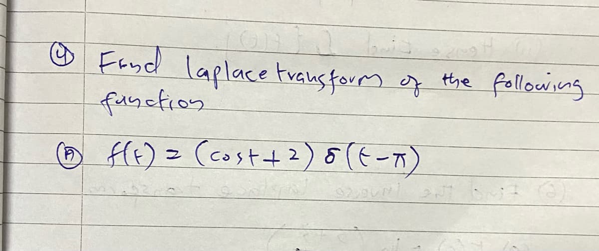 ☺ Find Laplace transform of the
function
(1) f(t) = (cast + ²) 8 ((-π)
JT
following