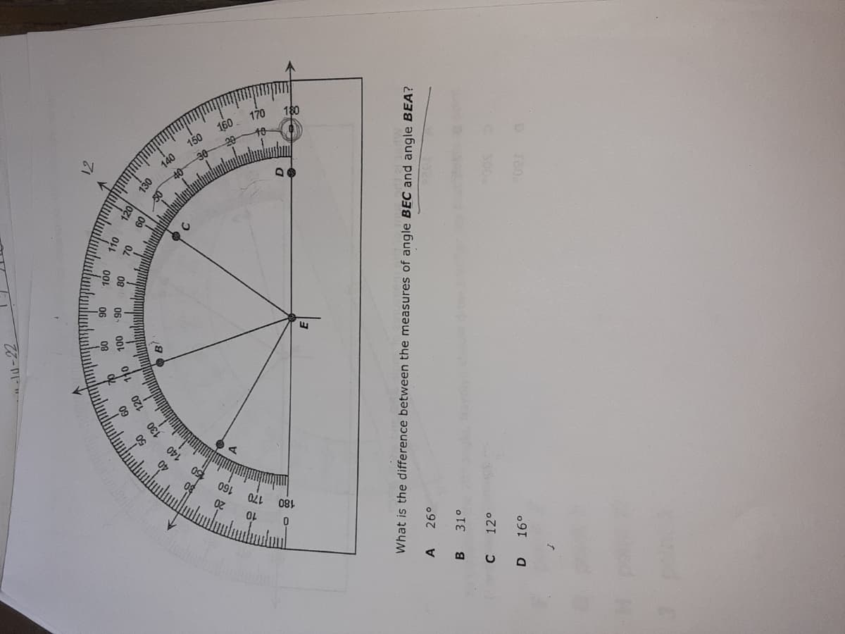 150
140
-8 8-
70
08
to
091
B
31°
180
A
26°
300
What is the difference between the measures of angle BEC and angle BEA?
140
120
아
09
09
04
08
06-
110
120
08
06
12
