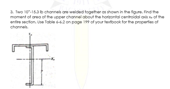 3. Two 10"-15.3 lb channels are welded together as shown in the figure. Find the
moment of area of the upper channel about the horizontal centroidal axis xo of the
entire section. Use Table 6-6.2 on page 199 of your textbook for the properties of
channels.
