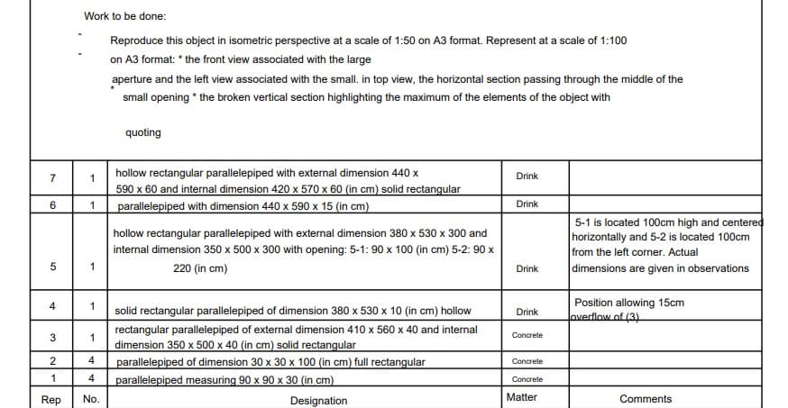 7
6
5
4
3
2
1
Rep
Work to be done:
Reproduce this object in isometric perspective at a scale of 1:50 on A3 format. Represent at a scale of 1:100
on A3 format: * the front view associated with the large
1
1
1
1
1
4
4
No.
aperture and the left view associated with the small. in top view, the horizontal section passing through the middle of the
small opening * the broken vertical section highlighting the maximum of the elements of the object with
quoting
hollow rectangular parallelepiped with external dimension 440 x
590 x 60 and internal dimension 420 x 570 x 60 (in cm) solid rectangular
parallelepiped with dimension 440 x 590 x 15 (in cm)
hollow rectangular parallelepiped with external dimension 380 x 530 x 300 and
internal dimension 350 x 500 x 300 with opening: 5-1: 90 x 100 (in cm) 5-2: 90 x
220 (in cm)
solid rectangular parallelepiped of dimension 380 x 530 x 10 (in cm) hollow
rectangular parallelepiped of external dimension 410 x 560 x 40 and internal
dimension 350 x 500 x 40 (in cm) solid rectangular
parallelepiped of dimension 30 x 30 x 100 (in cm) full rectangular
parallelepiped measuring 90 x 90 x 30 (in cm)
Designation
Drink
Drink
Drink
Drink
Concrete
Concrete
Concrete
Matter
5-1 is located 100cm high and centered
horizontally and 5-2 is located 100cm
from the left corner. Actual
dimensions are given in observations
Position allowing 15cm
overflow of (3)
Comments