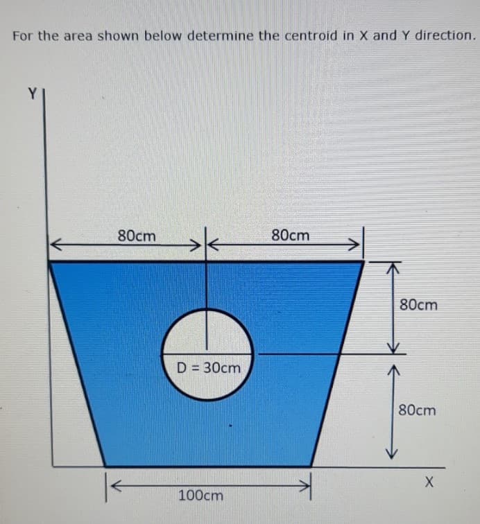 For the area shown below determine the centroid in X and Y direction.
Y
80cm
80cm
80cm
D = 30cm
%3D
80cm
100cm
